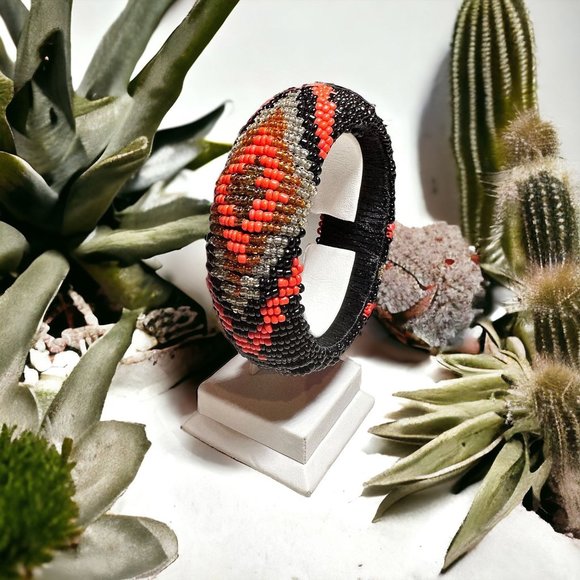 Aztec Pattern Black and Orange Beaded Bangle Statement Bracelet - Picture 1 of 8